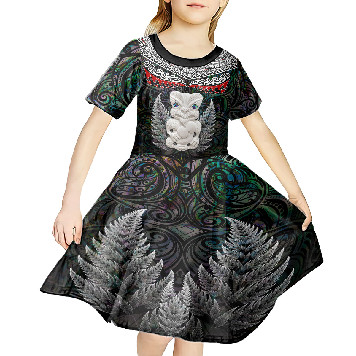 New Zealand Hei Tiki Kid Short Sleeve Dress Maori Green Papua Shell Pattern LT03 - Polynesian Pride