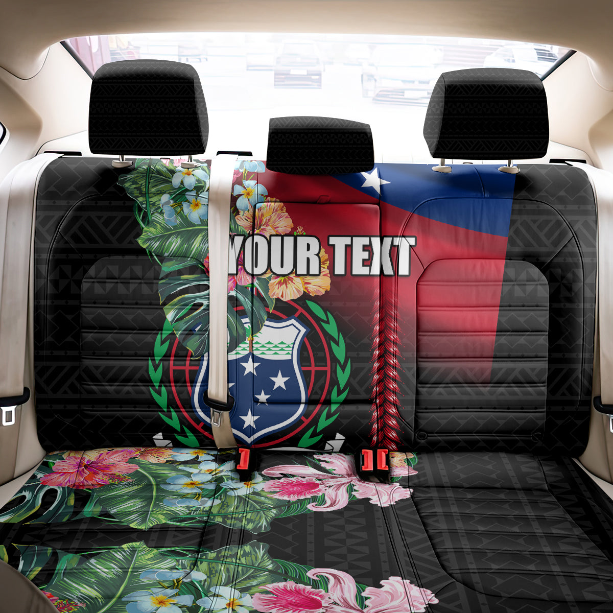Personalised Samoa Indenpendence Day Back Car Seat Cover Tropical Samoan Coat of Arms With Siapo Pattern LT03 - Polynesian Pride