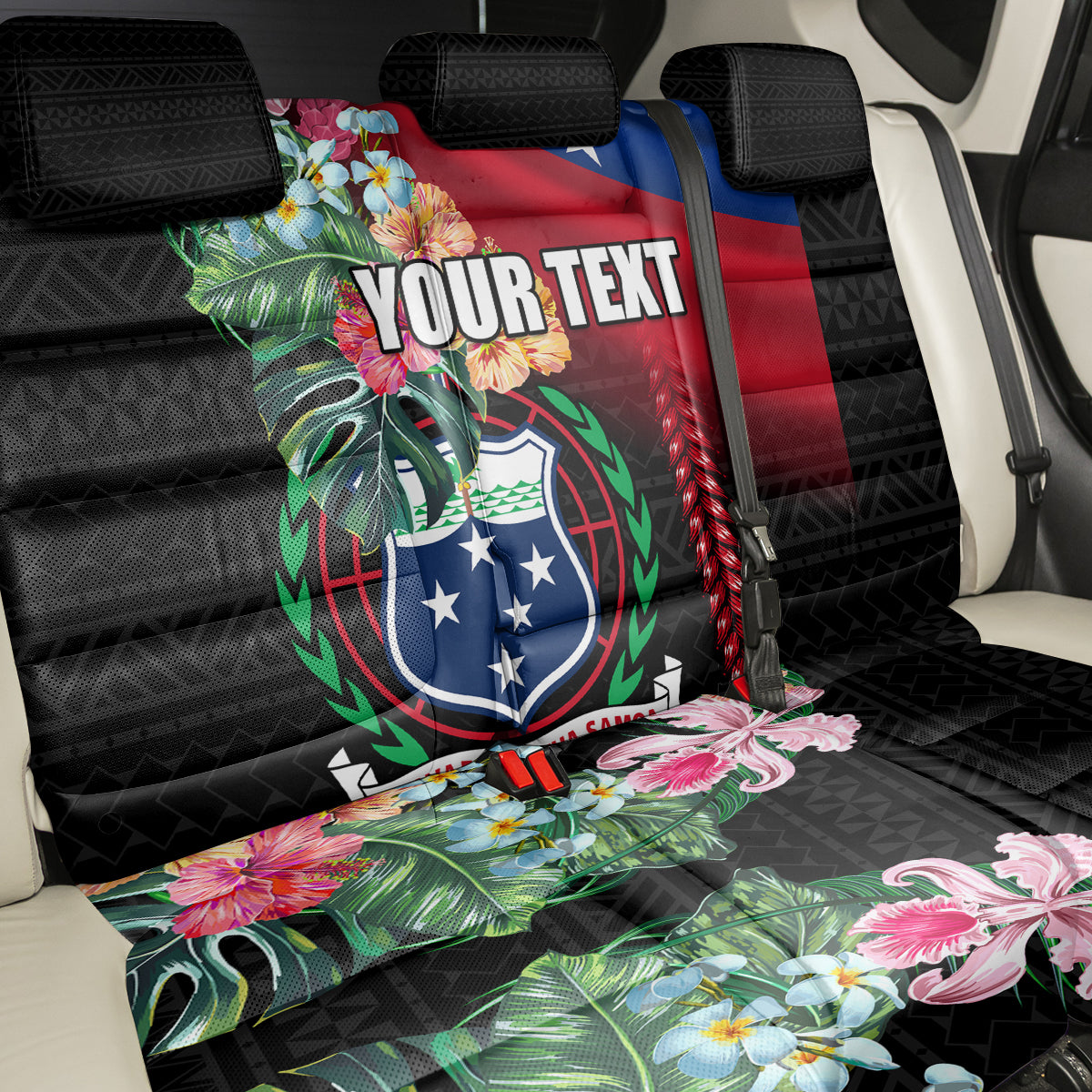 Personalised Samoa Indenpendence Day Back Car Seat Cover Tropical Samoan Coat of Arms With Siapo Pattern LT03 - Polynesian Pride