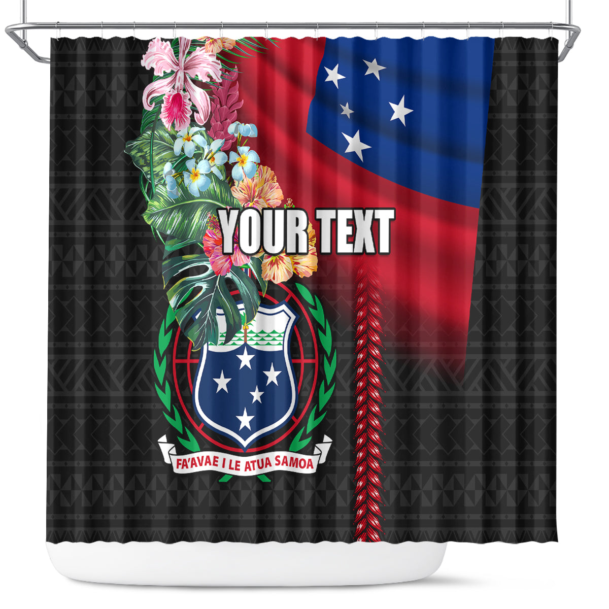 Personalised Samoa Indenpendence Day Shower Curtain Tropical Samoan Coat of Arms With Siapo Pattern LT03 Black - Polynesian Pride