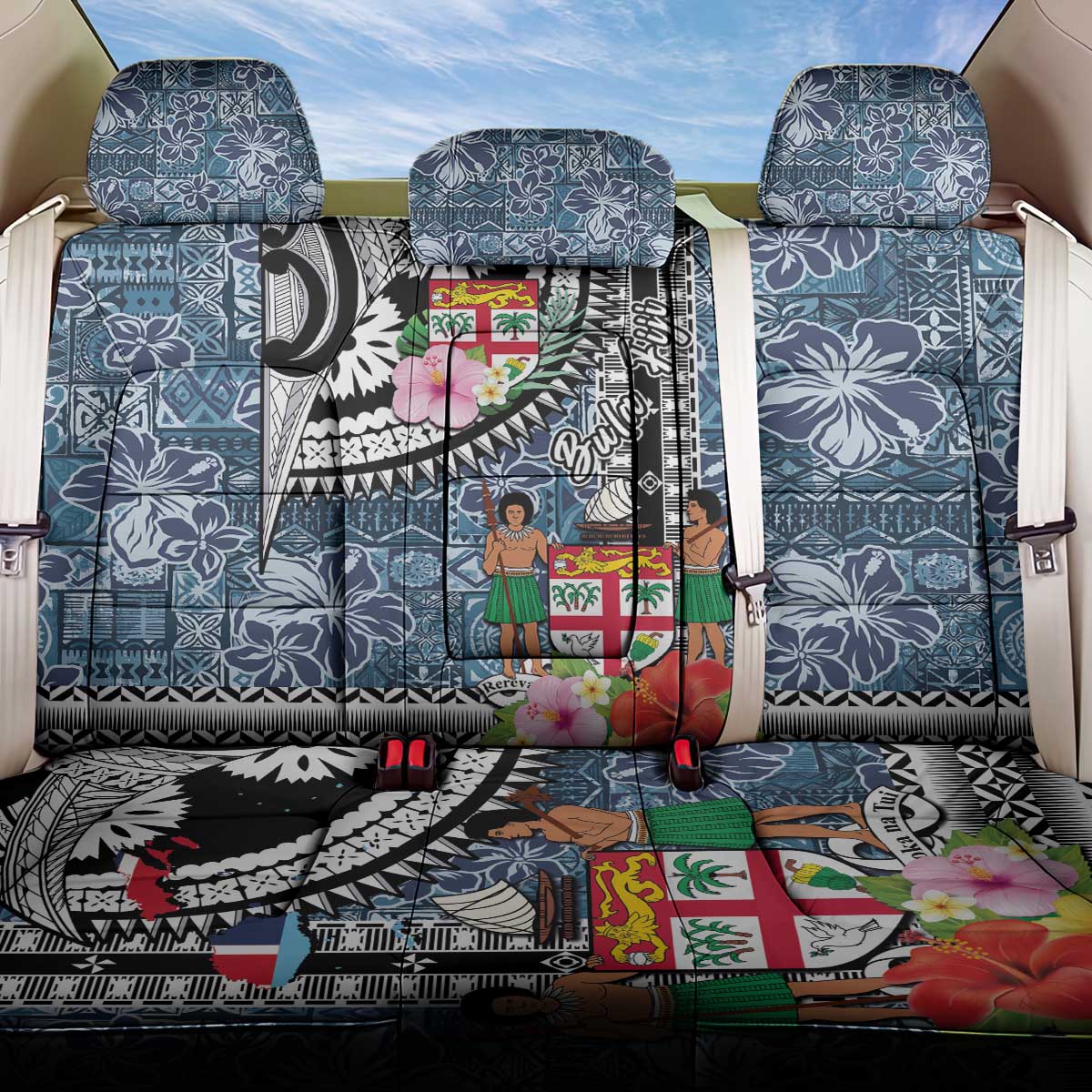 Fiji Day Back Car Seat Cover Traditional Tapa with Hibiscus and Emblems LT03 One Size - Polynesian Pride