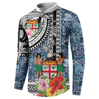 Fiji Day Button Sweatshirt Traditional Tapa with Hibiscus and Emblems LT03 - Polynesian Pride
