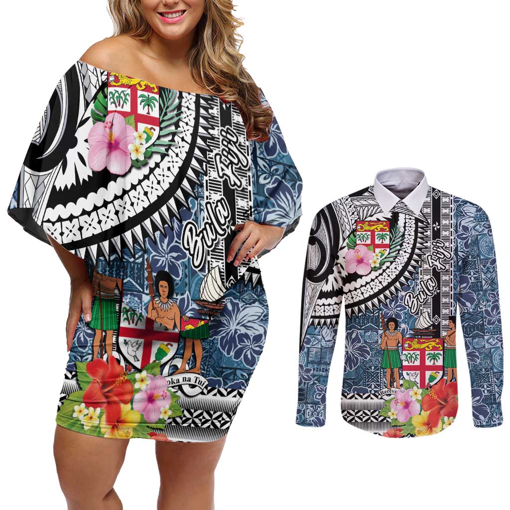 Fiji Day Couples Matching Off Shoulder Short Dress and Long Sleeve Button Shirt Traditional Tapa with Hibiscus and Emblems LT03 No Dress - Polynesian Pride
