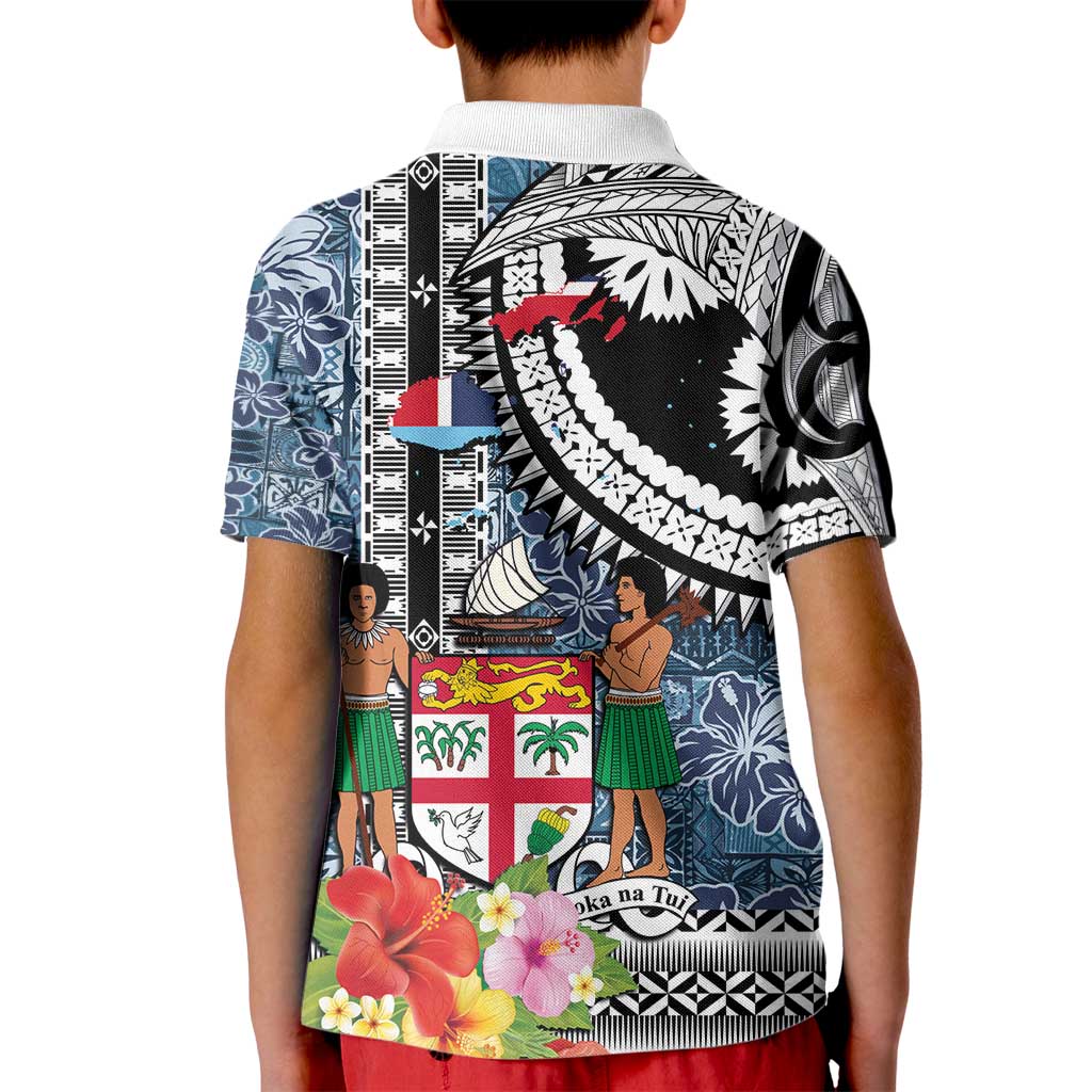 Fiji Day Kid Polo Shirt Traditional Tapa with Hibiscus and Emblems LT03 - Polynesian Pride