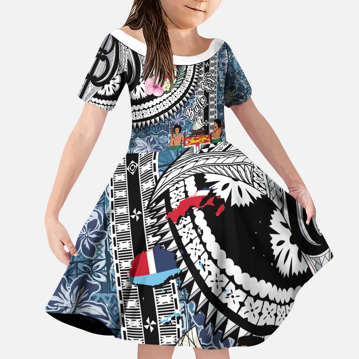Fiji Day Kid Short Sleeve Dress Traditional Tapa with Hibiscus and Emblems LT03 KID - Polynesian Pride