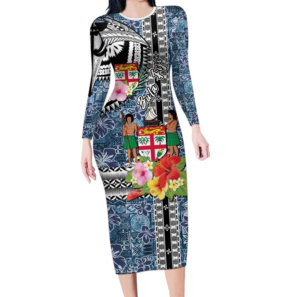 Fiji Day Long Sleeve Bodycon Dress Traditional Tapa with Hibiscus and Emblems LT03 Long Dress - Polynesian Pride