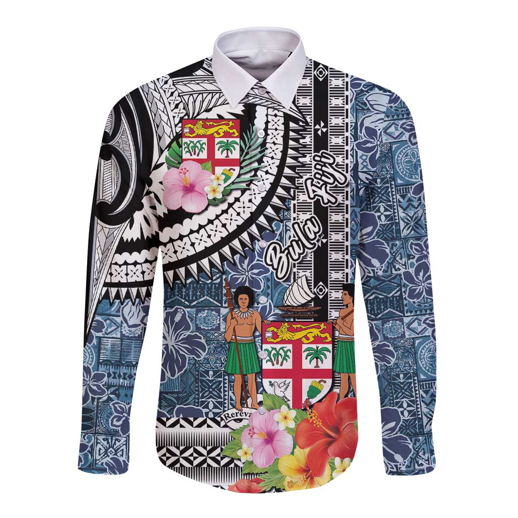 Fiji Day Long Sleeve Button Shirt Traditional Tapa with Hibiscus and Emblems LT03 Unisex - Polynesian Pride