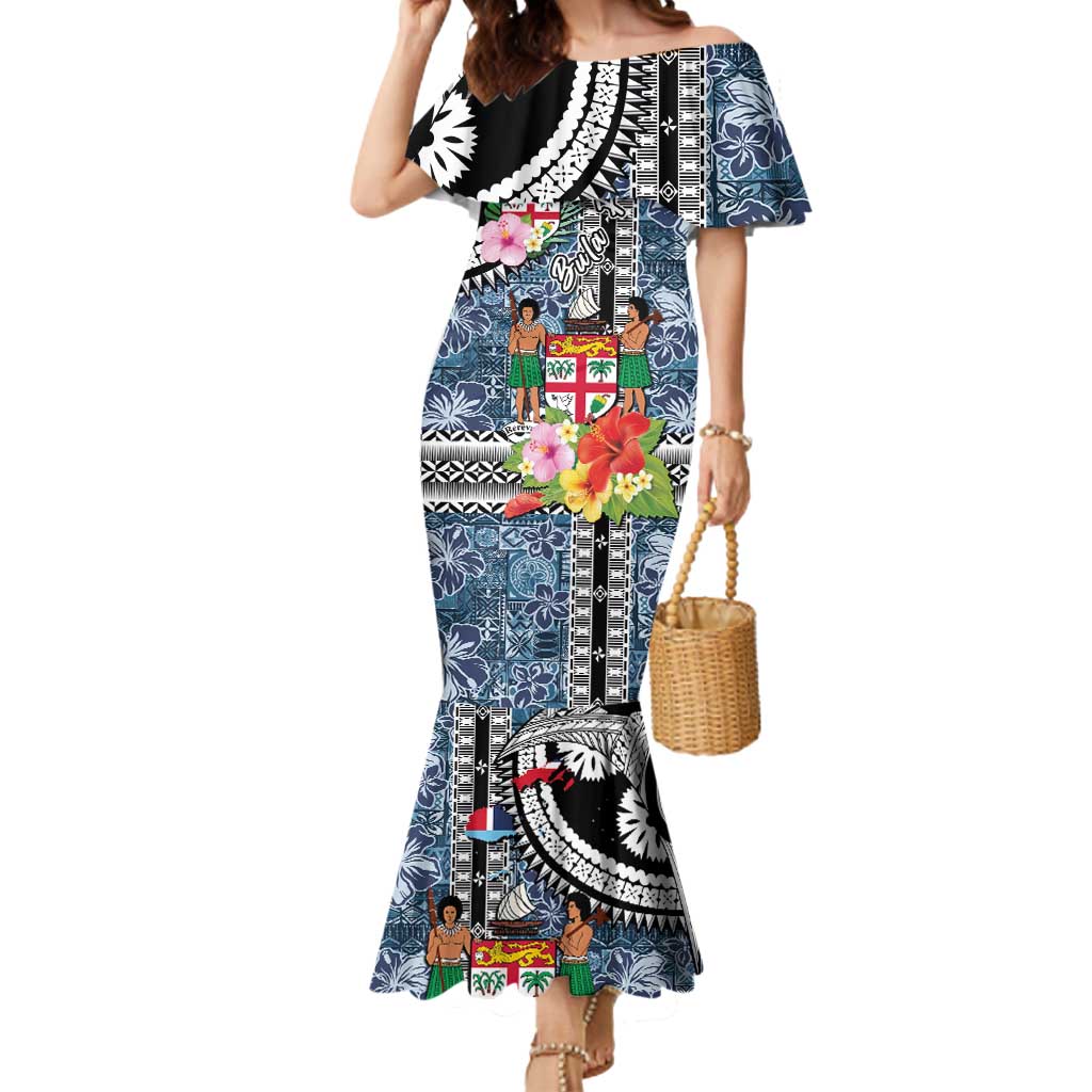 Fiji Day Mermaid Dress Traditional Tapa with Hibiscus and Emblems LT03 Women - Polynesian Pride