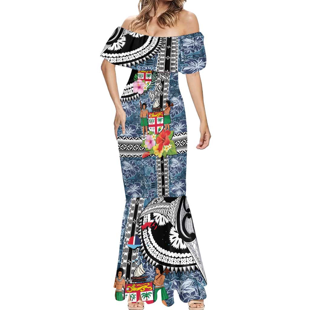 Fiji Day Mermaid Dress Traditional Tapa with Hibiscus and Emblems LT03 - Polynesian Pride
