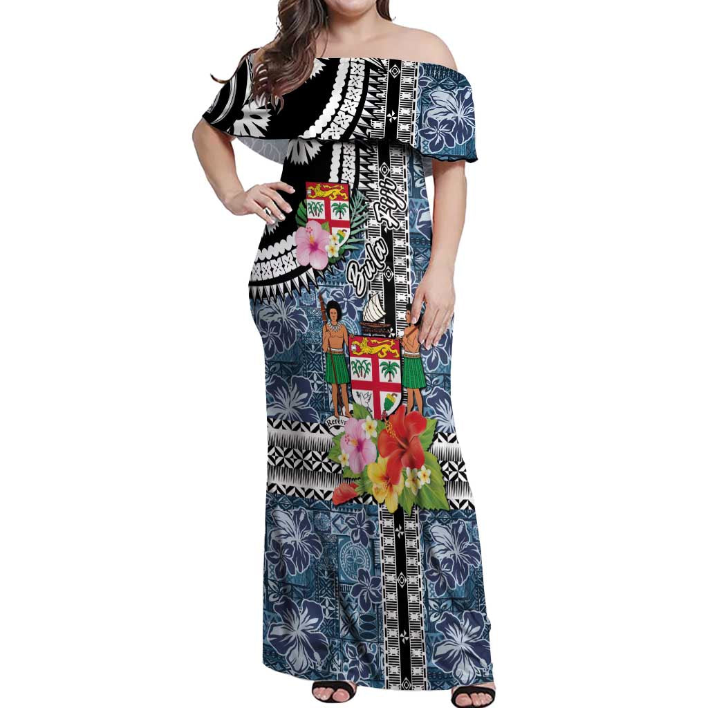 Fiji Day Off Shoulder Maxi Dress Traditional Tapa with Hibiscus and Emblems LT03 Women - Polynesian Pride