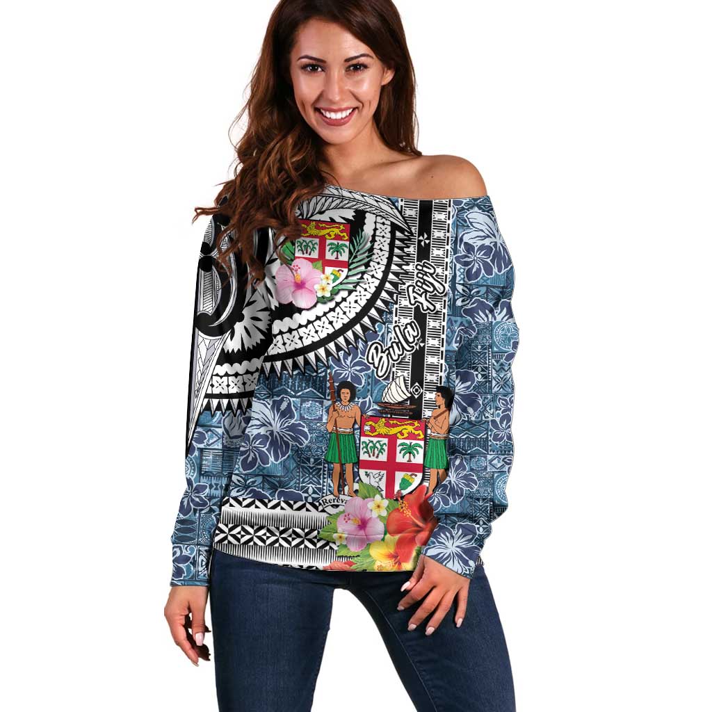 Fiji Day Off Shoulder Sweater Traditional Tapa with Hibiscus and Emblems LT03 Women - Polynesian Pride