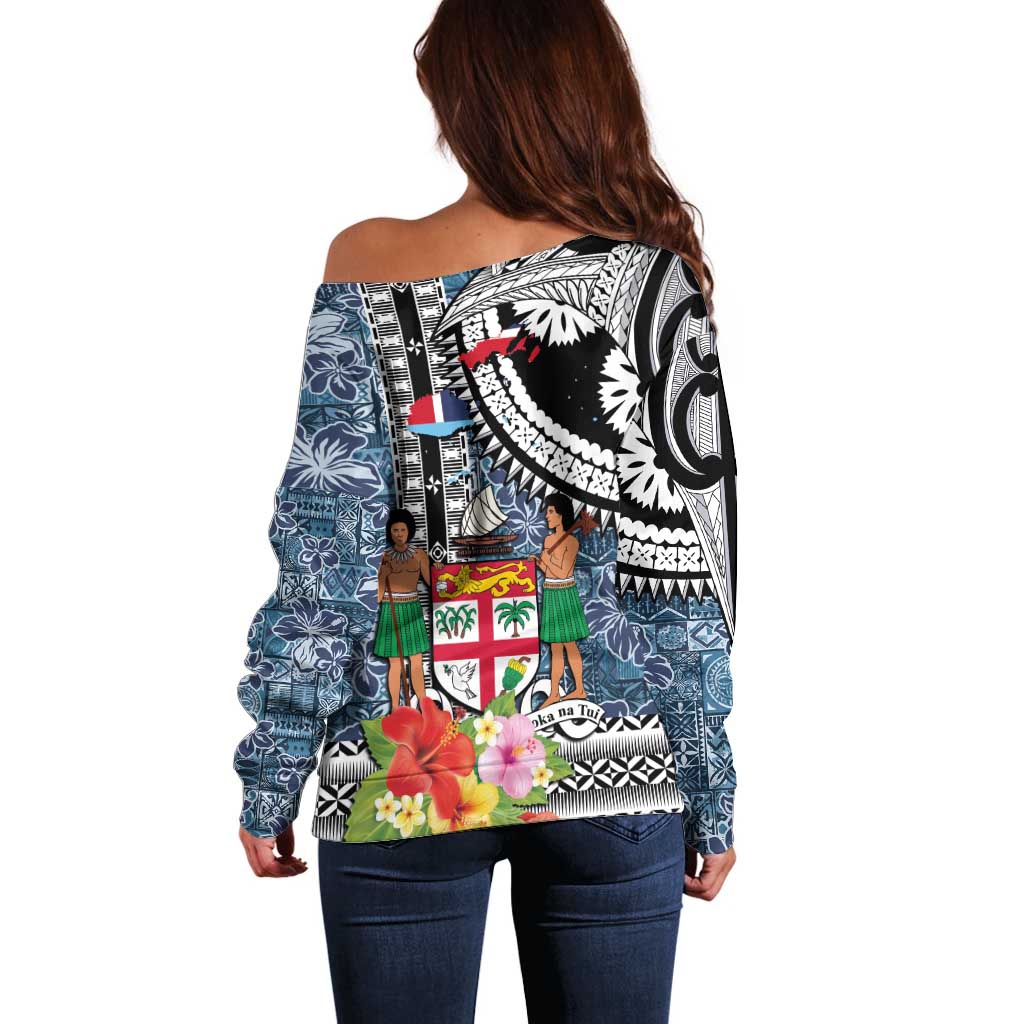 Fiji Day Off Shoulder Sweater Traditional Tapa with Hibiscus and Emblems LT03 - Polynesian Pride