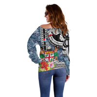 Fiji Day Off Shoulder Sweater Traditional Tapa with Hibiscus and Emblems LT03 - Polynesian Pride