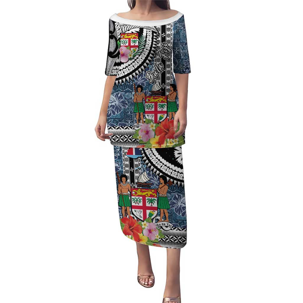 Fiji Day Puletasi Traditional Tapa with Hibiscus and Emblems LT03 Long Dress - Polynesian Pride
