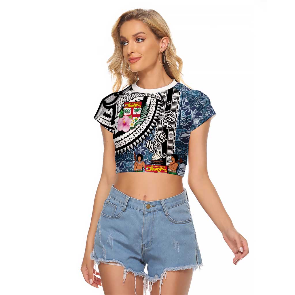 Fiji Day Raglan Cropped T Shirt Traditional Tapa with Hibiscus and Emblems LT03 Female - Polynesian Pride