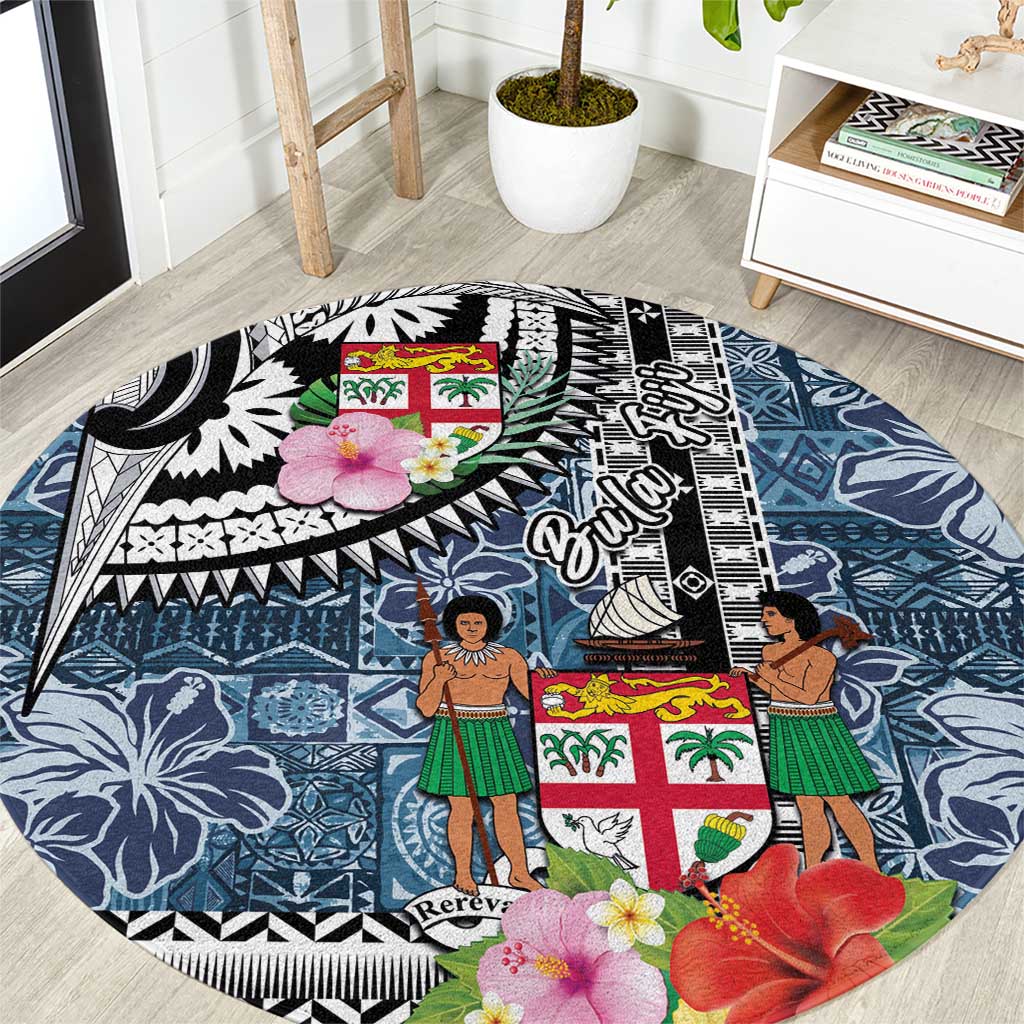 Fiji Day Round Carpet Traditional Tapa with Hibiscus and Emblems LT03 - Polynesian Pride