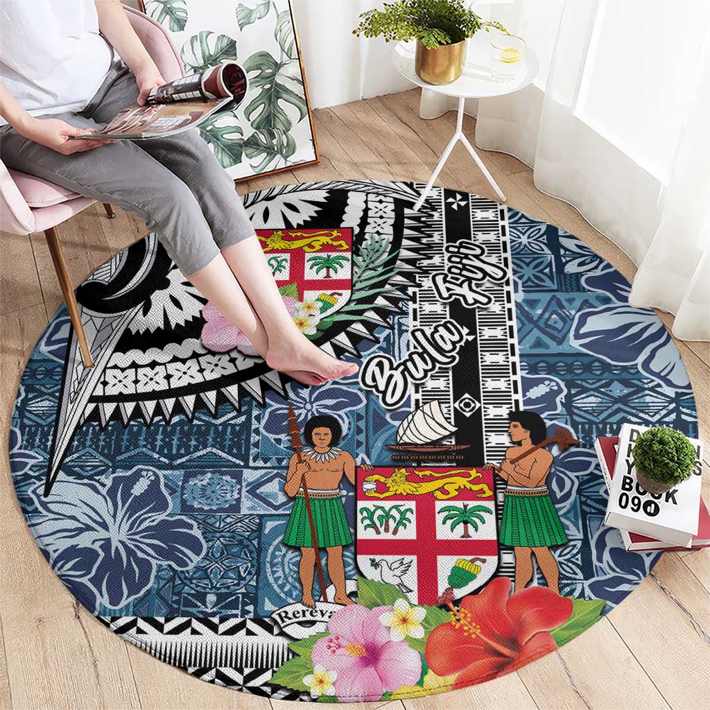 Fiji Day Round Carpet Traditional Tapa with Hibiscus and Emblems LT03 - Polynesian Pride