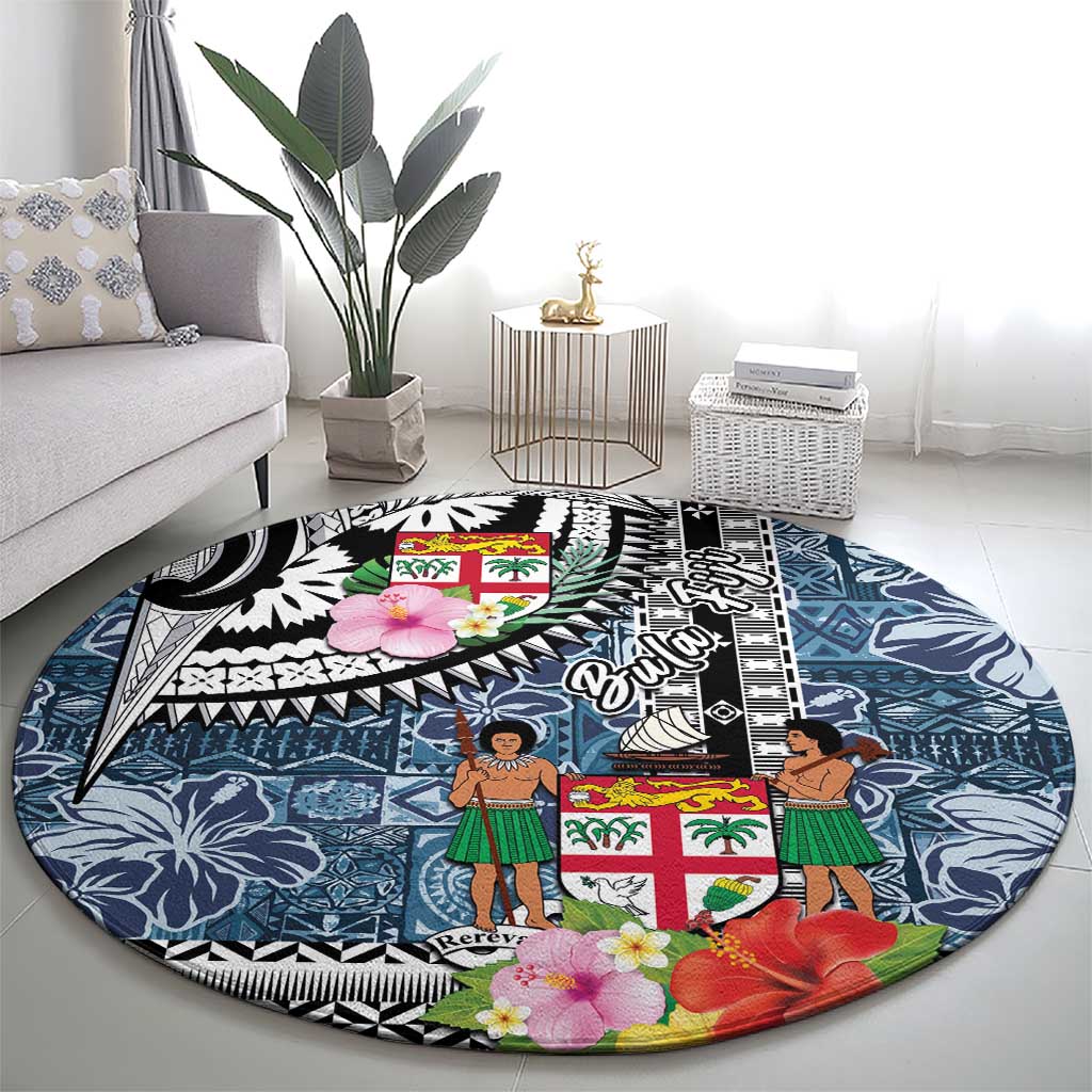Fiji Day Round Carpet Traditional Tapa with Hibiscus and Emblems LT03 - Polynesian Pride