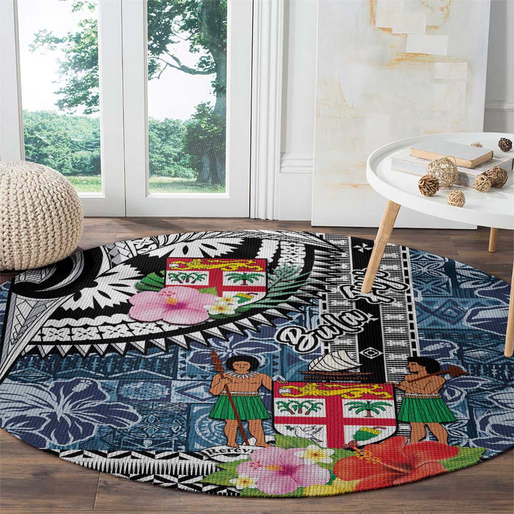 Fiji Day Round Carpet Traditional Tapa with Hibiscus and Emblems LT03 - Polynesian Pride