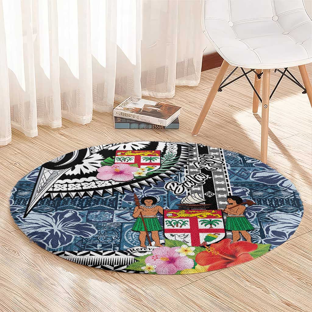 Fiji Day Round Carpet Traditional Tapa with Hibiscus and Emblems LT03 - Polynesian Pride