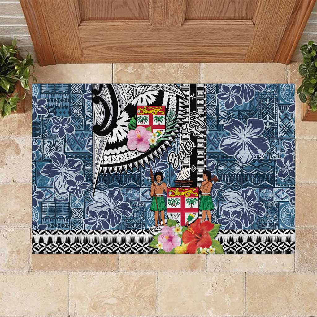 Fiji Day Rubber Doormat Traditional Tapa with Hibiscus and Emblems LT03 L 60cm x 90cm - Polynesian Pride