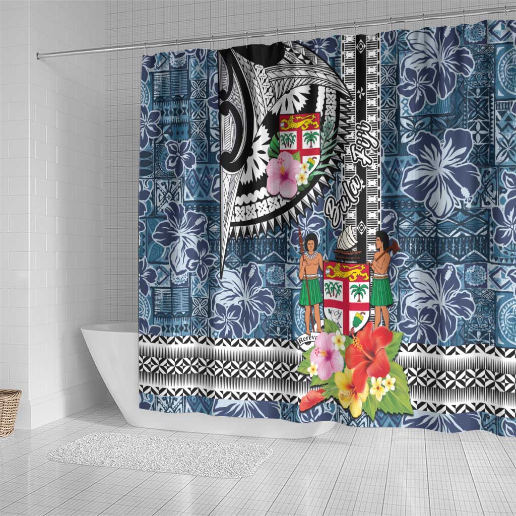 Fiji Day Shower Curtain Traditional Tapa with Hibiscus and Emblems LT03 - Polynesian Pride