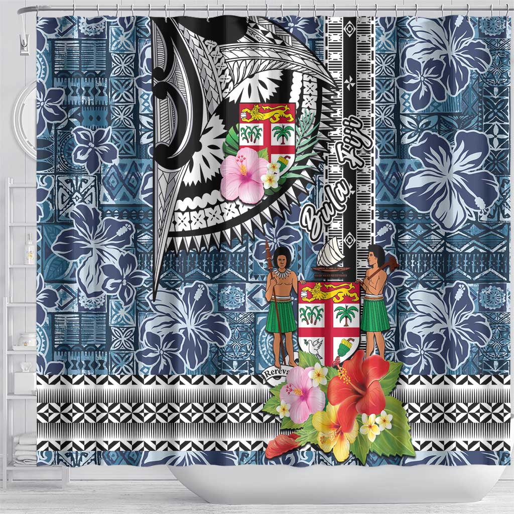 Fiji Day Shower Curtain Traditional Tapa with Hibiscus and Emblems LT03 - Polynesian Pride
