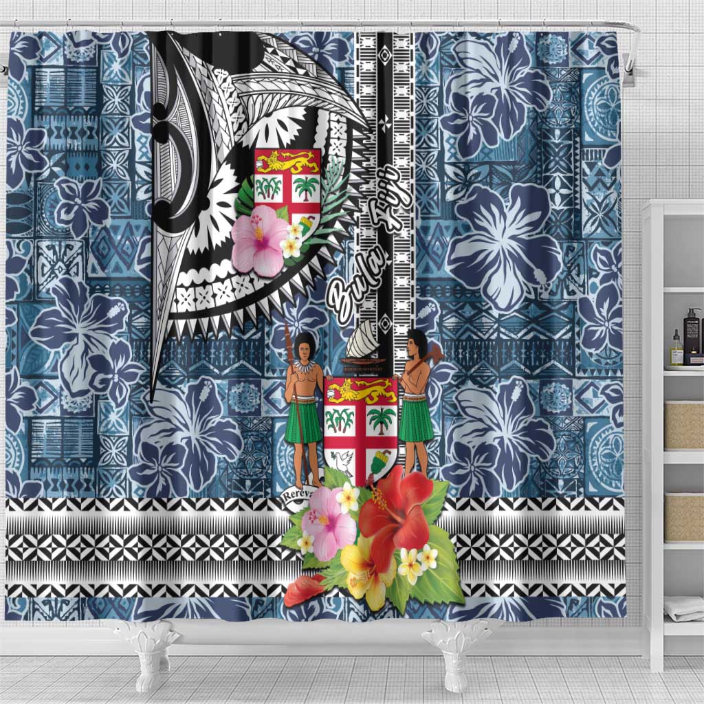 Fiji Day Shower Curtain Traditional Tapa with Hibiscus and Emblems LT03 - Polynesian Pride