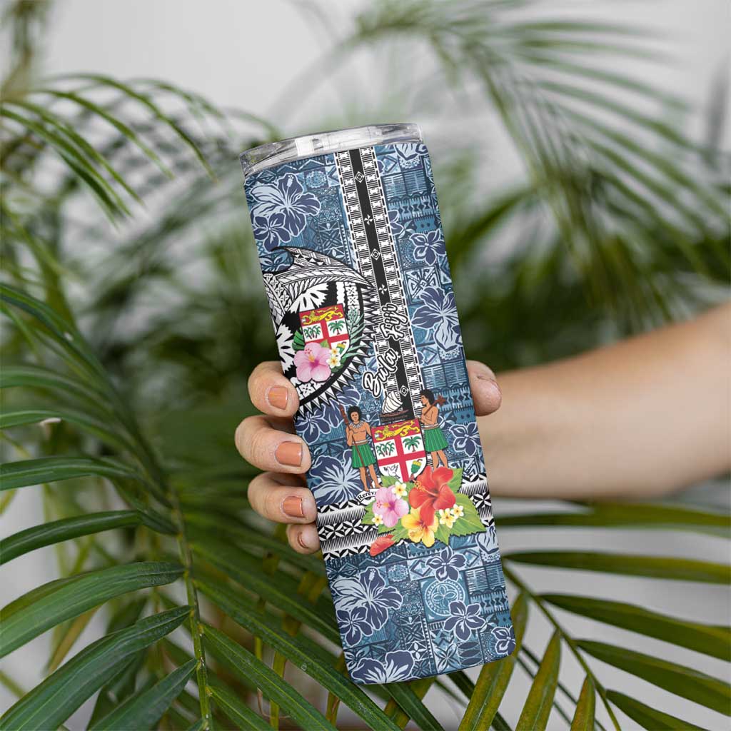 Fiji Day Skinny Tumbler Traditional Tapa with Hibiscus and Emblems LT03 - Polynesian Pride