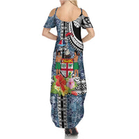 Fiji Day Summer Maxi Dress Traditional Tapa with Hibiscus and Emblems LT03 - Polynesian Pride