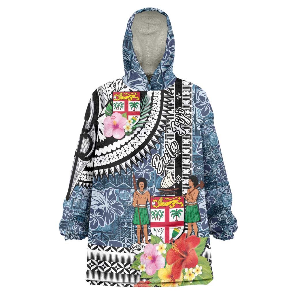 Fiji Day Wearable Blanket Hoodie Traditional Tapa with Hibiscus and Emblems LT03 One Size - Polynesian Pride