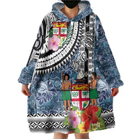 Fiji Day Wearable Blanket Hoodie Traditional Tapa with Hibiscus and Emblems LT03 - Polynesian Pride