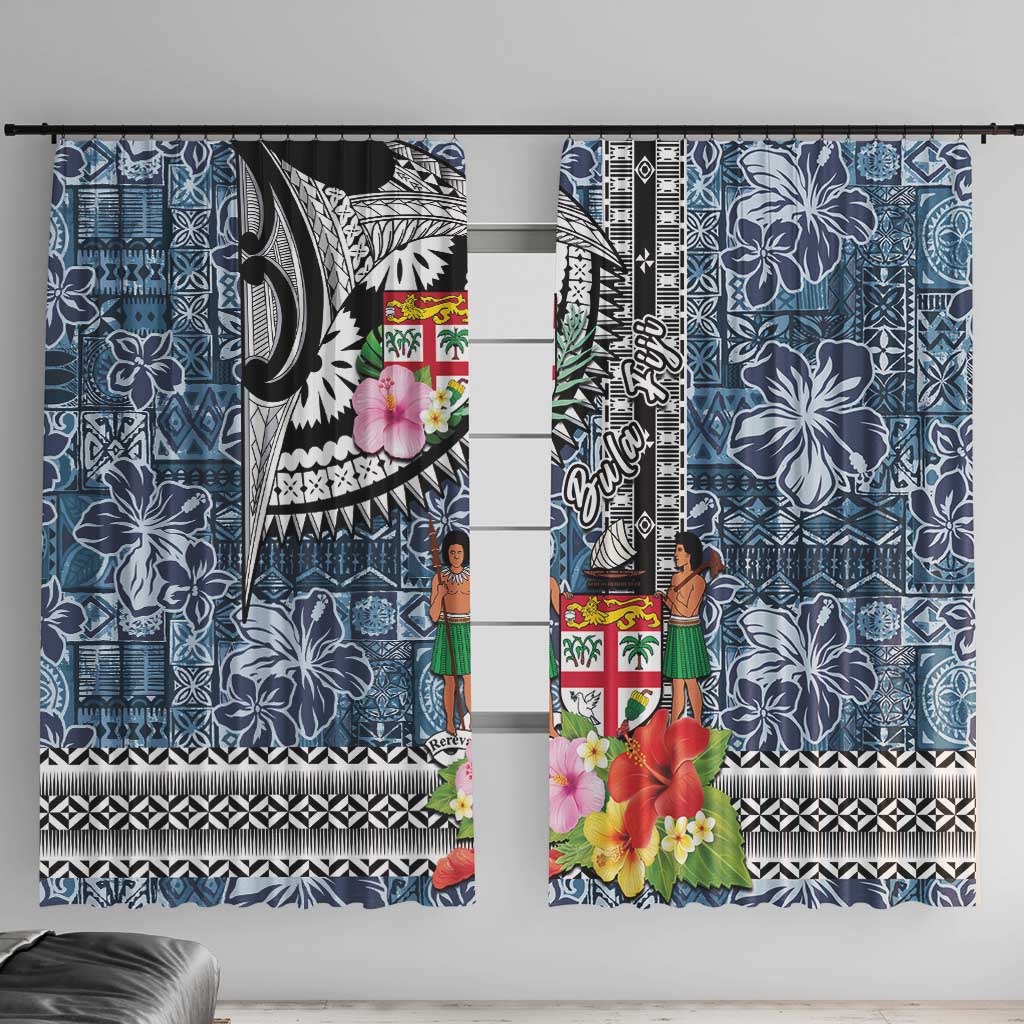 Fiji Day Window Curtain Traditional Tapa with Hibiscus and Emblems LT03 With Hooks - Polynesian Pride