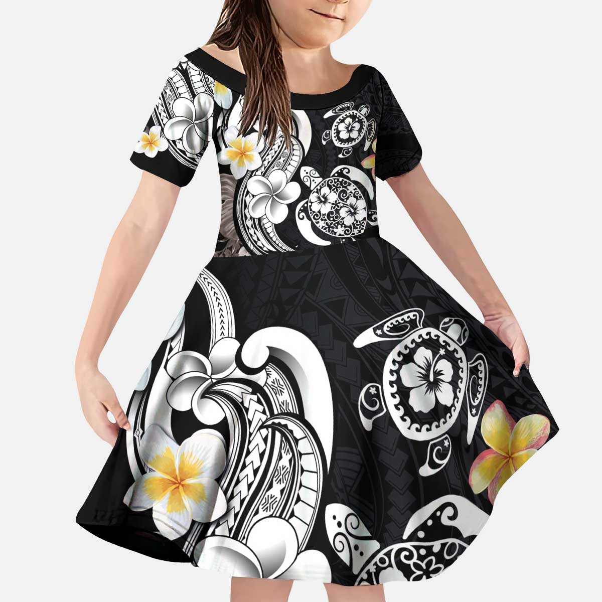 Hawaiian Tropical Plumeria Turtles Kid Short Sleeve Dress Polynesian Art Tattoo LT03 KID - Polynesian Pride