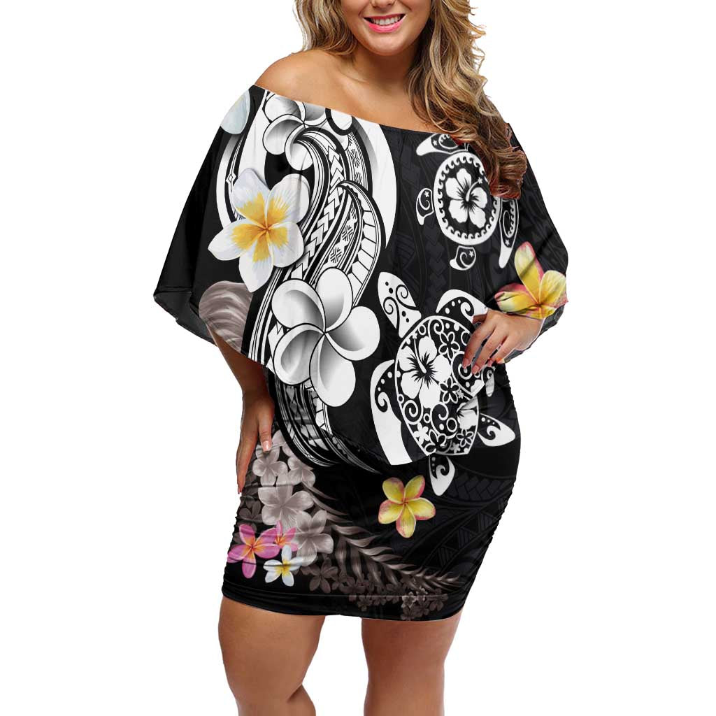 Hawaiian Tropical Plumeria Turtles Off Shoulder Short Dress Polynesian Art Tattoo LT03 Women - Polynesian Pride