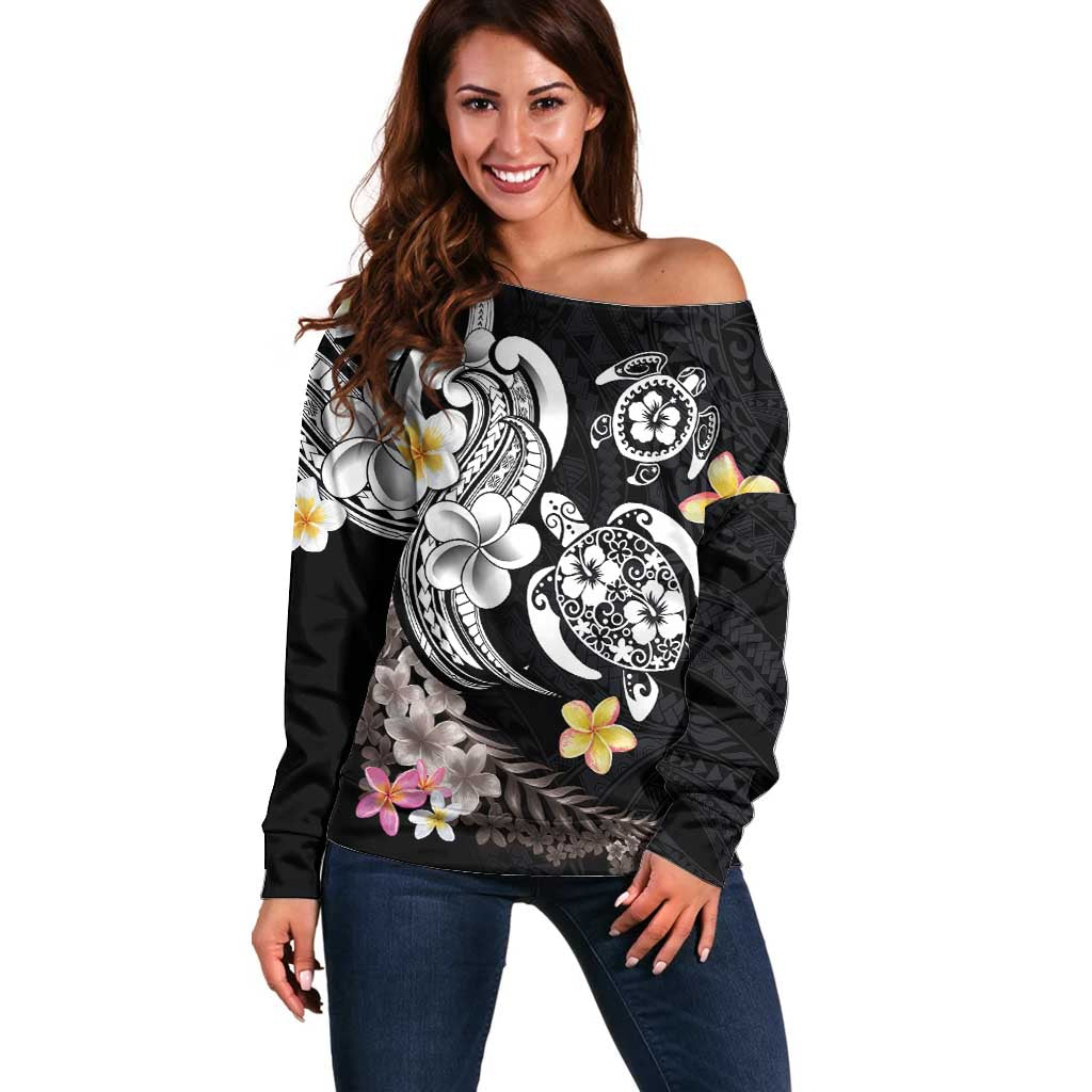 Hawaiian Tropical Plumeria Turtles Off Shoulder Sweater Polynesian Art Tattoo LT03 Women - Polynesian Pride