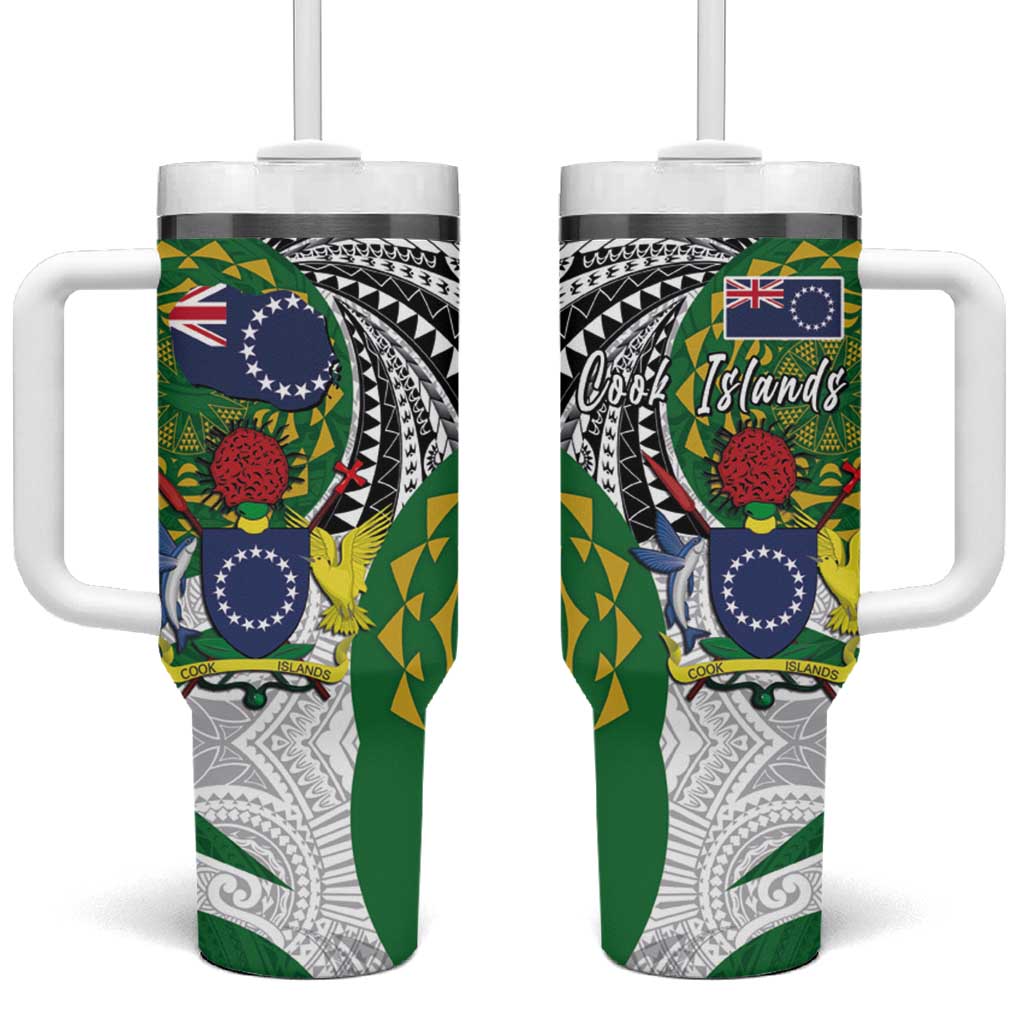 Cook Islands Independence Day Tumbler With Handle National Flag and Emblem with Tatau Tattoo LT03 One Size: 40 oz - Polynesian Pride