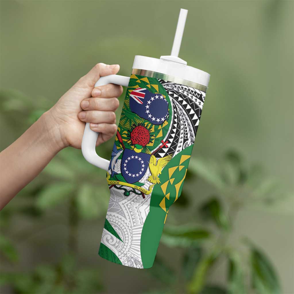 Cook Islands Independence Day Tumbler With Handle National Flag and Emblem with Tatau Tattoo LT03 - Polynesian Pride