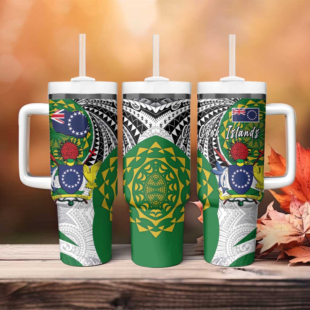 Cook Islands Independence Day Tumbler With Handle National Flag and Emblem with Tatau Tattoo LT03 - Polynesian Pride