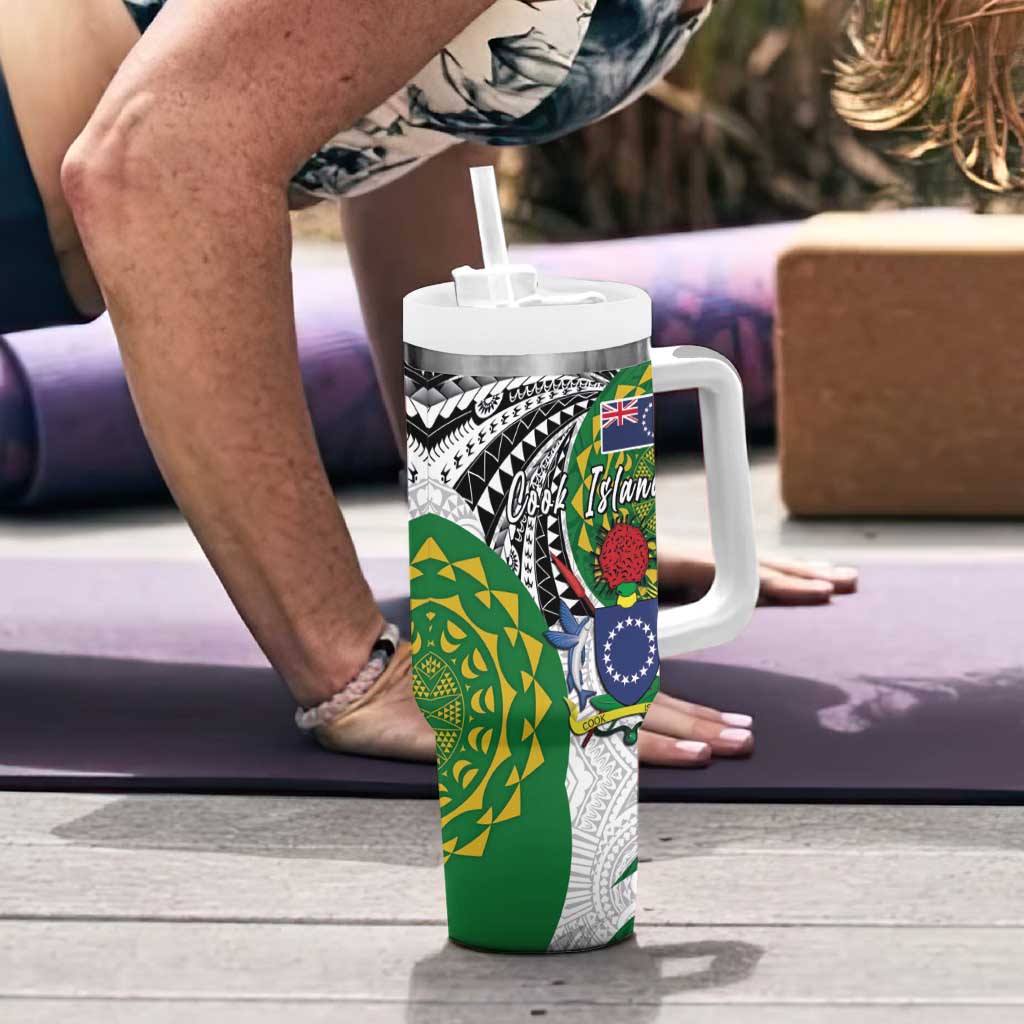 Cook Islands Independence Day Tumbler With Handle National Flag and Emblem with Tatau Tattoo LT03 - Polynesian Pride