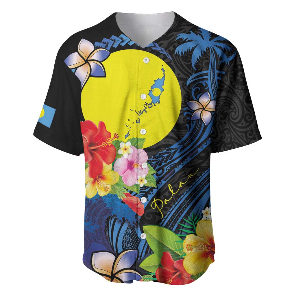 Palau Independence Day Baseball Jersey Melanesian Tattoo with Hibiscus LT03 6XL - Polynesian Pride