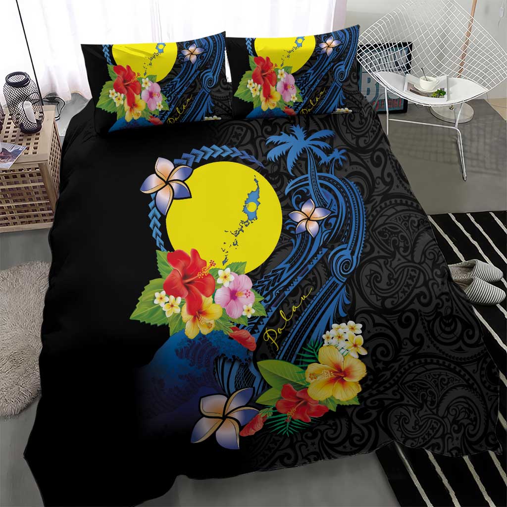Palau Independence Day Bedding Set Melanesian Tattoo with Hibiscus LT03 - Polynesian Pride