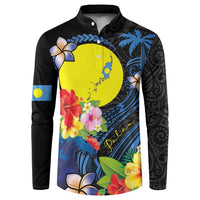Palau Independence Day Button Sweatshirt Melanesian Tattoo with Hibiscus LT03 - Polynesian Pride
