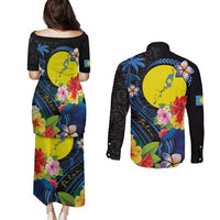 Palau Independence Day Couples Matching Puletasi and Long Sleeve Button Shirt Melanesian Tattoo with Hibiscus LT03 - Polynesian Pride