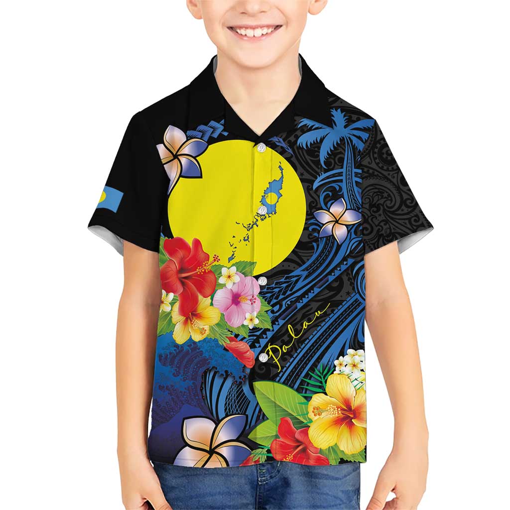 Palau Independence Day Kid Hawaiian Shirt Melanesian Tattoo with Hibiscus LT03 Kid - Polynesian Pride