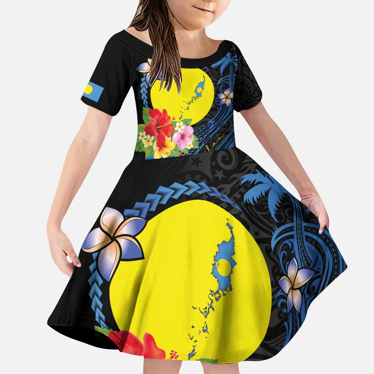 Palau Independence Day Kid Short Sleeve Dress Melanesian Tattoo with Hibiscus LT03 KID - Polynesian Pride