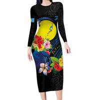 Palau Independence Day Long Sleeve Bodycon Dress Melanesian Tattoo with Hibiscus LT03 Long Dress - Polynesian Pride