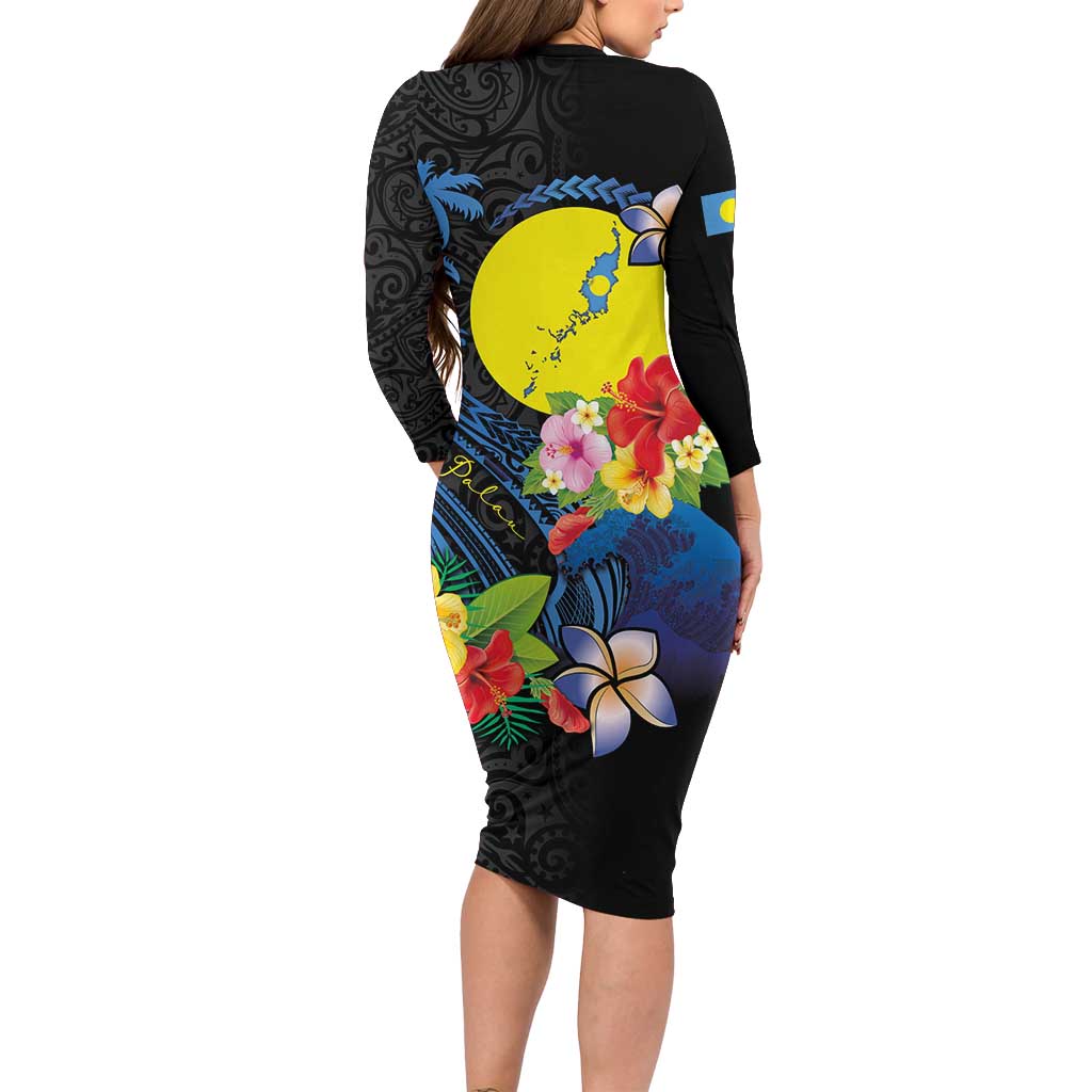 Palau Independence Day Long Sleeve Bodycon Dress Melanesian Tattoo with Hibiscus LT03 - Polynesian Pride