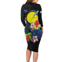 Palau Independence Day Long Sleeve Bodycon Dress Melanesian Tattoo with Hibiscus LT03 - Polynesian Pride