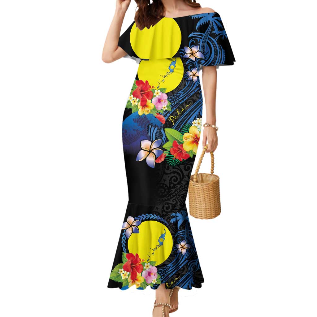 Palau Independence Day Mermaid Dress Melanesian Tattoo with Hibiscus LT03 Women - Polynesian Pride